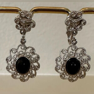 Vintage Clip-On Earrings Silver Tone with black stone & filigree